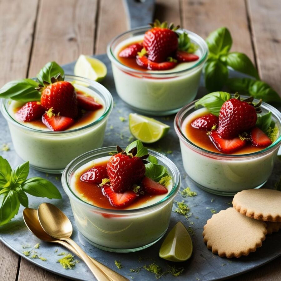 Lime & Basil Posset, Strawberries and Shortbread