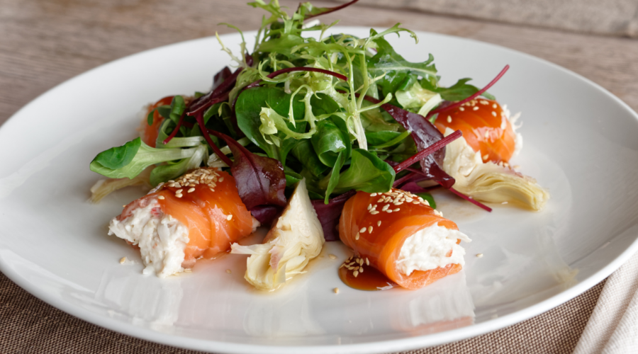 Burren Smoked Salmon and Crab Roulades with Walnut Vinaigrette